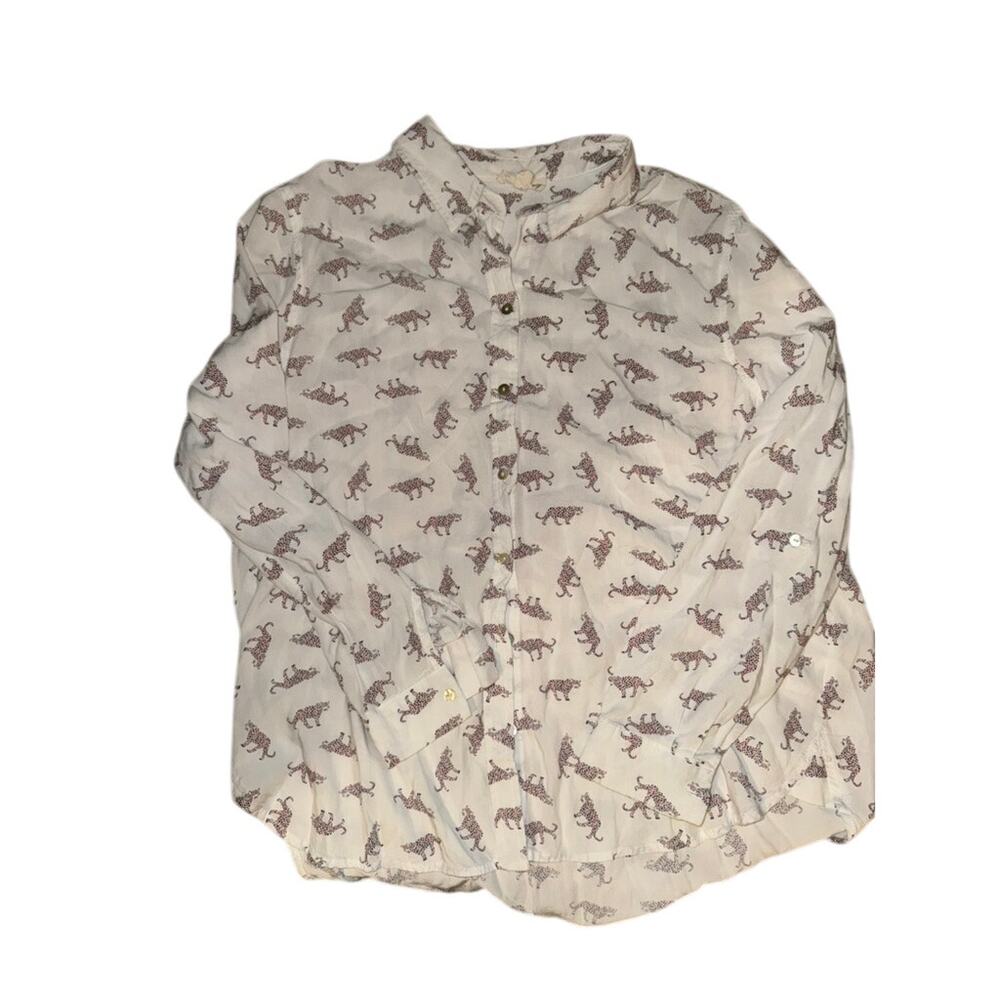 Jane + Delancey Tiger Print Button Down Shirt Lightweight White Women's